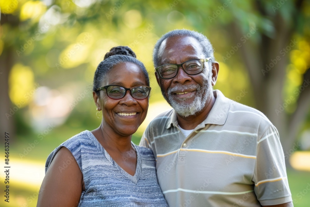 Portrait of a glad afro-american couple in their 70s wearing a breathable golf polo isolated on bright and cheerful park background Portrait of a glad afro-american couple in their 70s wearing a breathable golf polo isolated on bright and cheerful park background