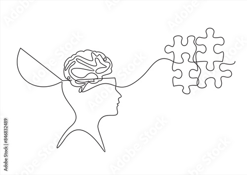 Concept of mental health. Profile of human head as single continuous line. Psychological and psychiatric therapy. Business idea, education. Puzzle. One line simple vector drawing on white background.