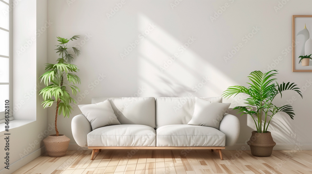 Fototapeta premium Modern Scandinavian home interior design elegant living room featuring a comfortable sofa, wooden floor, white walls and home plants