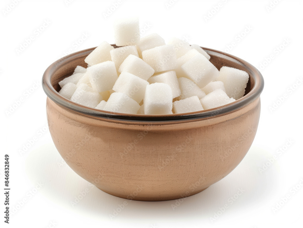 Bowl of sugar cubes on a white background. Created with Generative AI technology. Bowl of sugar cubes on a white background. Created with Generative AI technology.