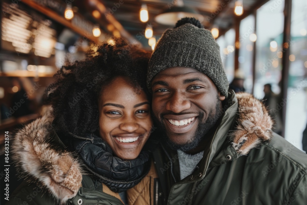 Portrait of a happy afro-american couple in their 30s wearing a warm parka isolated on serene coffee shop background