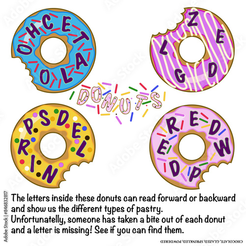 Vector illustration of different types of doughnuts logic words and letters.