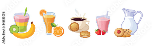 Colorful Breakfast Meal and Morning Food Served Vector Set