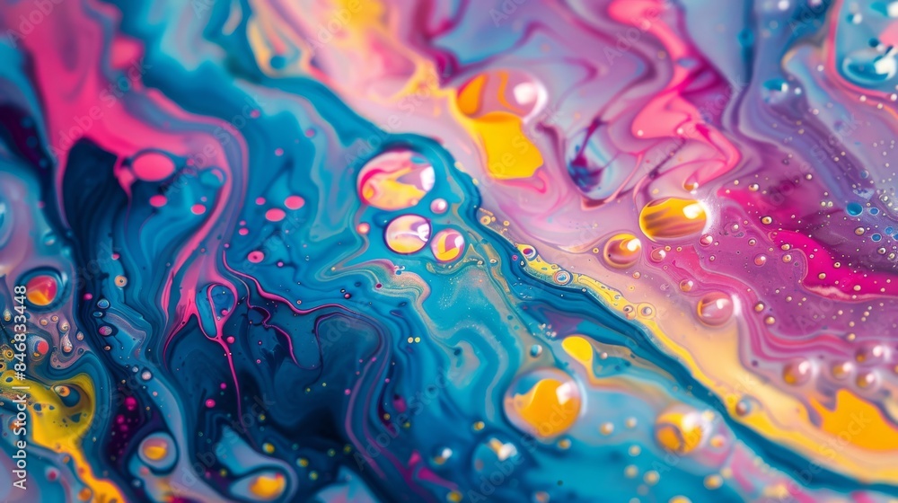 Fototapeta premium Abstract fluid art with vivid swirls of pink, blue, yellow, and orange, creating a dynamic, vibrant composition.