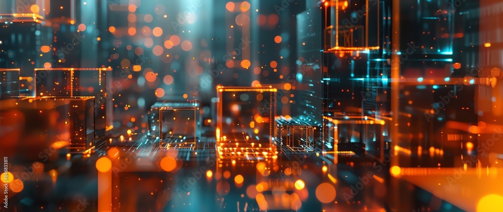 Fototapeta premium Abstract futuristic background with glass cubes and orange light lines, high-tech concept