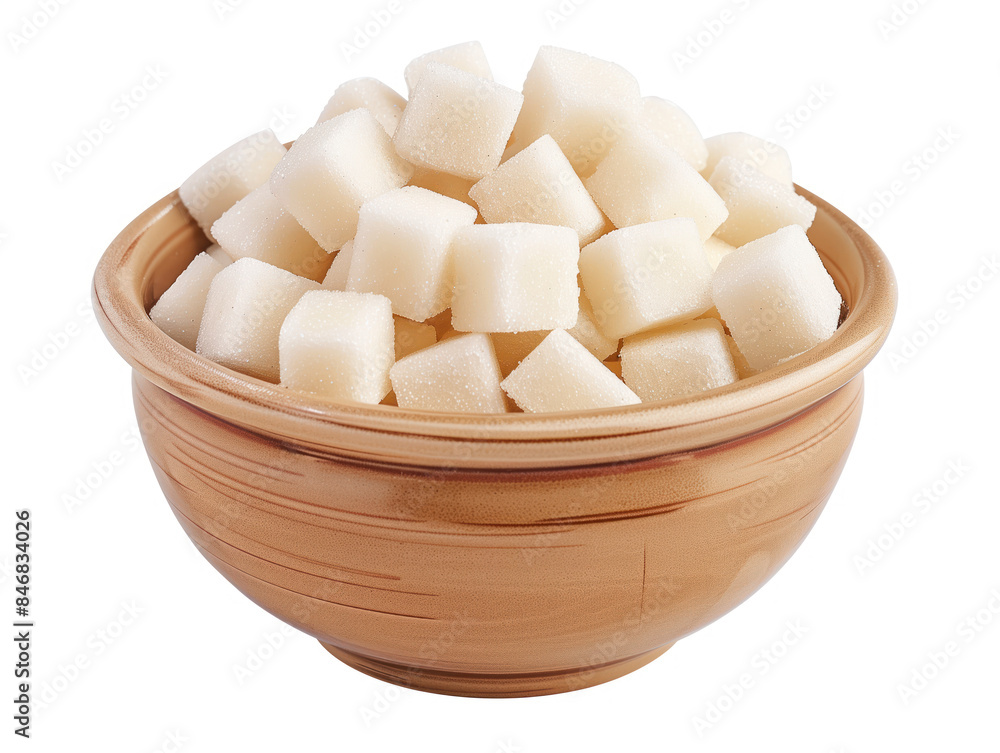 Bowl of sugar cubes on a white background. Created with Generative AI technology. Bowl of sugar cubes on a white background. Created with Generative AI technology.