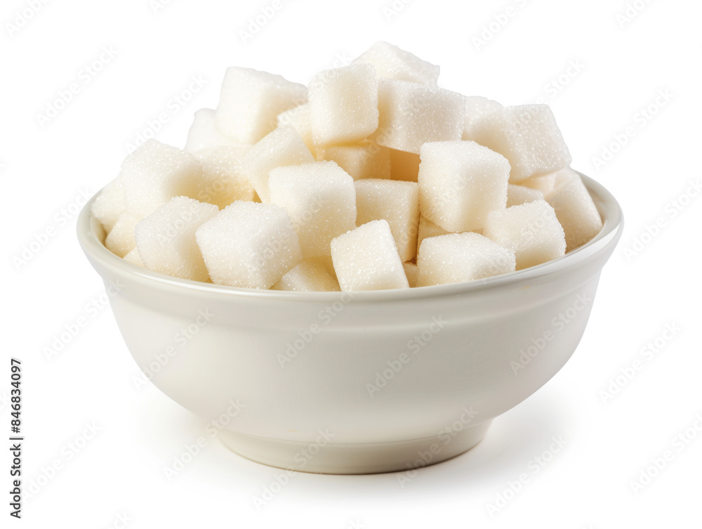 Bowl of sugar cubes on a white background. Created with Generative AI technology. Bowl of sugar cubes on a white background. Created with Generative AI technology.