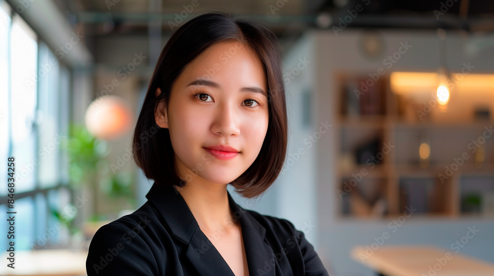 Portrait young asian professional woman face with a classic bob hair, confidently presenting a new product in a sleek modern office. Portrait young asian professional woman face with a classic bob hair, confidently presenting a new product in a sleek modern office.