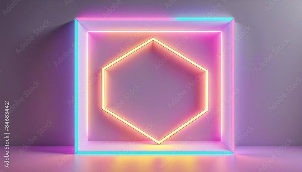 Three-dimensional neon geometric shapes create a futuristic and minimalist backdrop with a glowing cloud and colorful rhombus frame, adding a touch of magic to the dark atmosphere Three-dimensional neon geometric shapes create a futuristic and minimalist backdrop with a glowing cloud and colorful rhombus frame, adding a touch of magic to the dark atmosphere