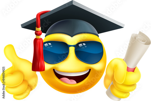 A cool emoji college or school graduate at convocation or professor in sunglasses cartoon emoticon giving a thumbs up and holding a diploma scroll