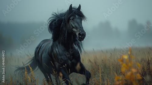 An ethereal image of a black horse sprinting across a field with an enigmatic foggy backdrop, exuding mystery © familymedia