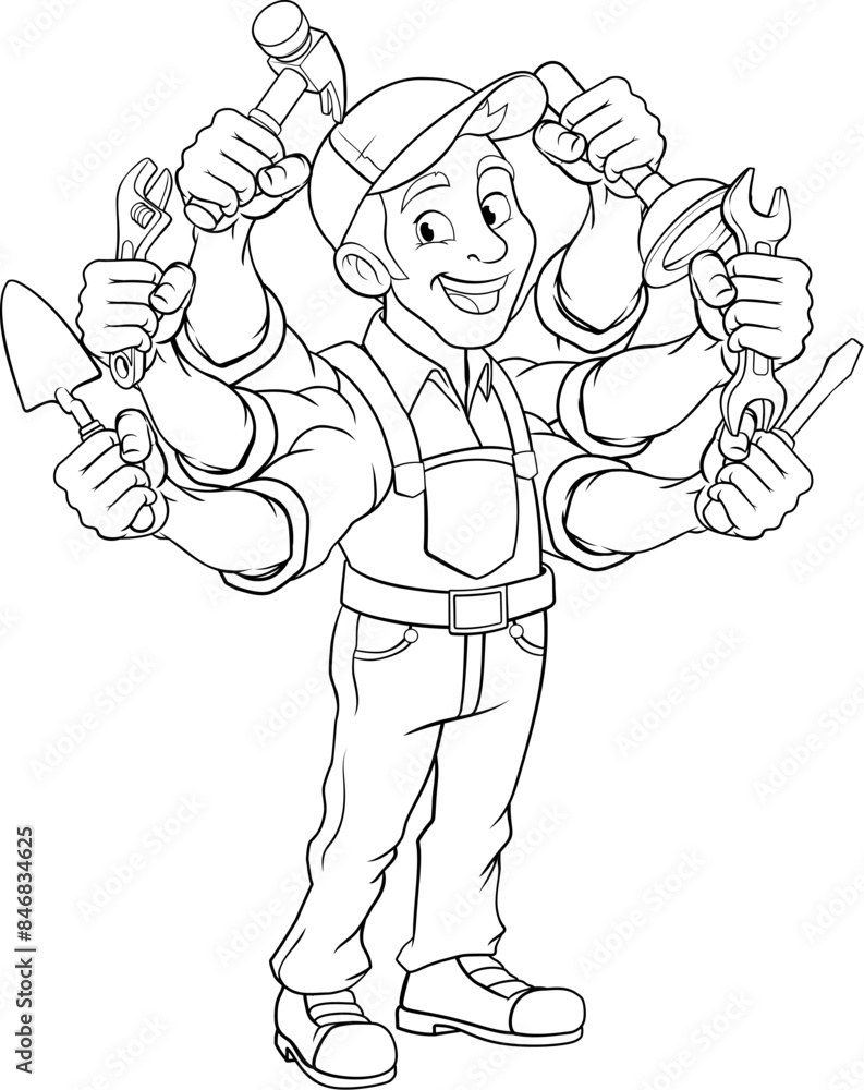 A handyman cartoon handy man caretaker construction worker or maintenance man multitasking caretaker concept. A handyman cartoon handy man caretaker construction worker or maintenance man multitasking caretaker concept.