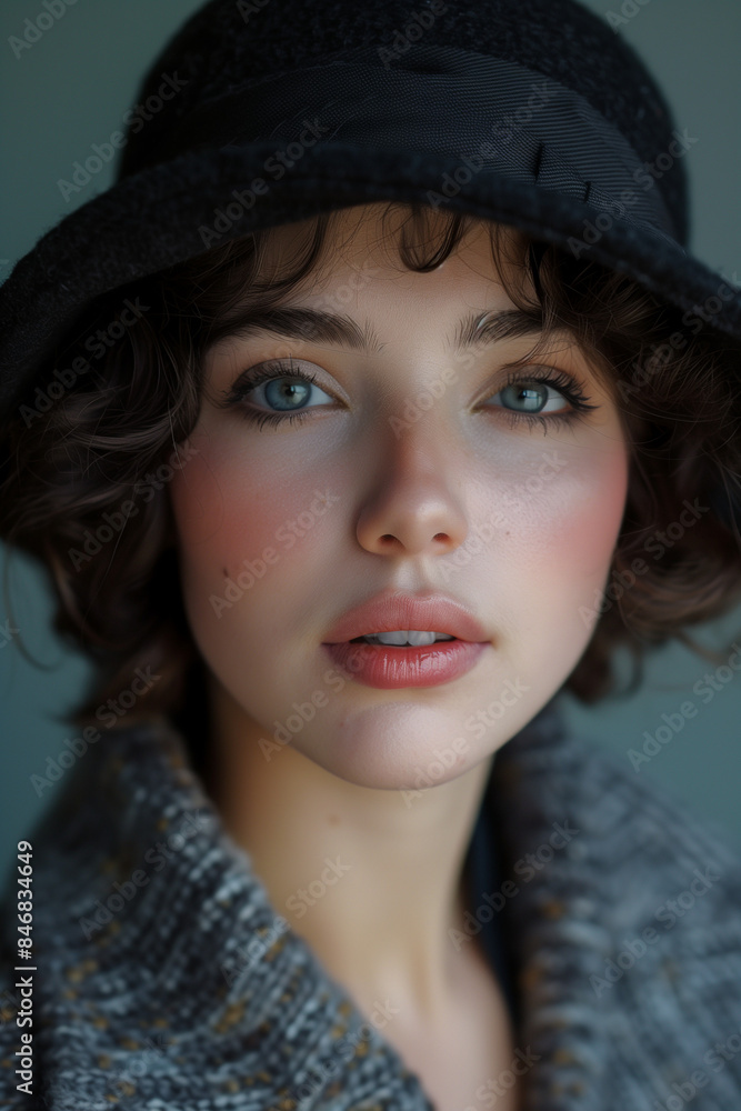 young woman in black hat and gray sweater young woman in black hat and gray sweater