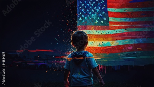 A young boy is looking up at a large American flag.