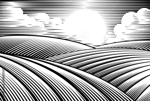 A rolling hills rural landscape drawing in a vintage woodcut style