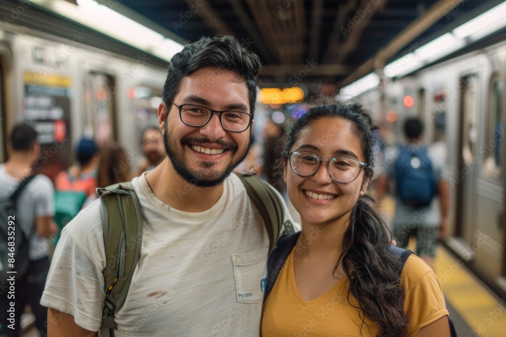 Portrait of a grinning latino couple in their 20s sporting a breathable hiking shirt isolated in bustling city subway background Portrait of a grinning latino couple in their 20s sporting a breathable hiking shirt isolated in bustling city subway background