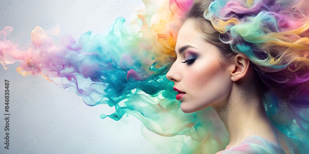 Beautiful Girl in profile with wavy hair of multi-colored smoke Beautiful Girl in profile with wavy hair of multi-colored smoke