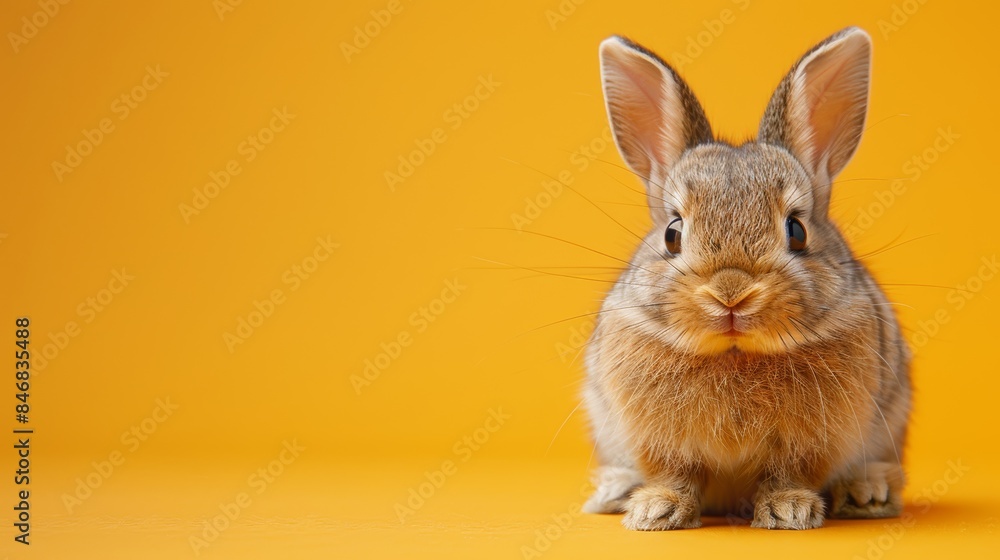 Obraz premium A cute brown bunny with big eyes sits on a yellow background, looking directly at the camera.