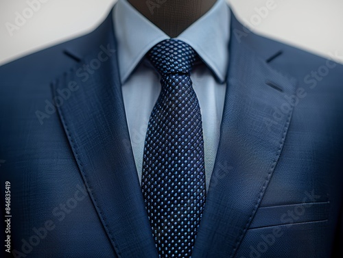 A close-up of a navy blue suit jacket and tie. The tie is a dark blue with white polka dots.