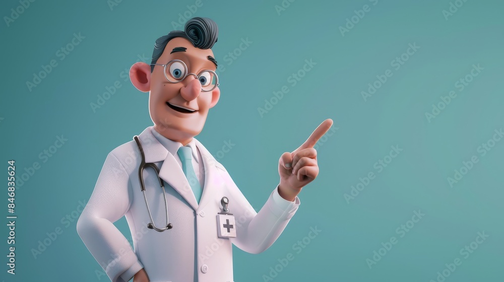 A 3D doctor character pointing with his finger on a flat background. A 3D doctor character pointing with his finger on a flat background.