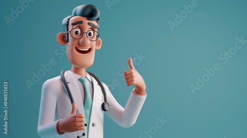 A 3D doctor character pointing with his finger on a flat background.