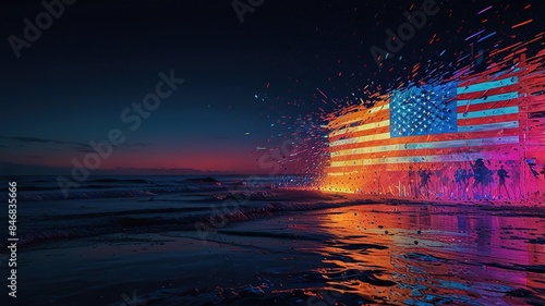 The image shows an American flag made of colorful lights against a dark background with a beach and ocean in front of it.