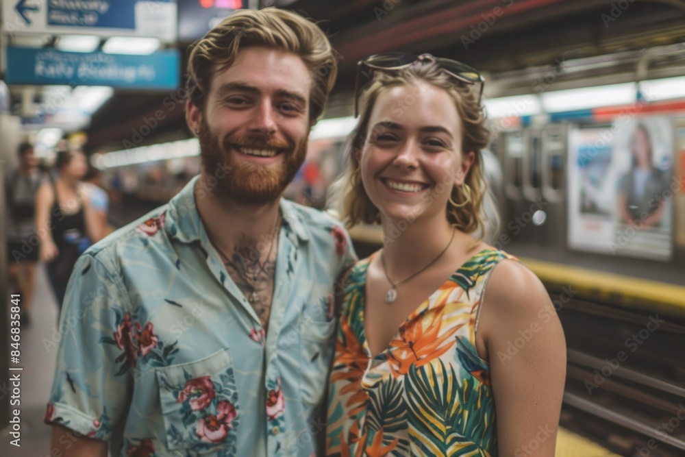 Portrait of a smiling caucasian couple in their 20s sporting a vented fishing shirt while standing against bustling city subway background Portrait of a smiling caucasian couple in their 20s sporting a vented fishing shirt while standing against bustling city subway background