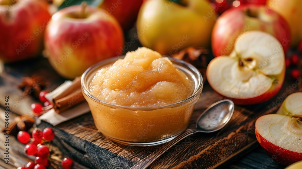 Homemade applesauce in a glass bowl surrounded by fresh apples on a rustic wooden table. Perfect for autumn-themed recipes and food photography. Homemade applesauce in a glass bowl surrounded by fresh apples on a rustic wooden table. Perfect for autumn-themed recipes and food photography.