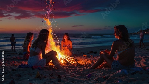 A group of friends are sitting around a bonfire on the beach at night.