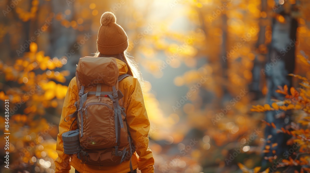 Fototapeta premium A lone hiker walks through a vibrant autumn forest, bathed in golden sunlight. The path ahead is obscured by the colorful leaves.