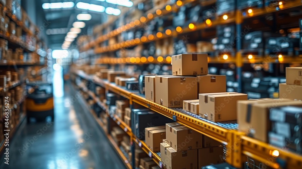 Fototapeta premium A well-stocked warehouse with shelves filled with boxes. A forklift is visible in the background.