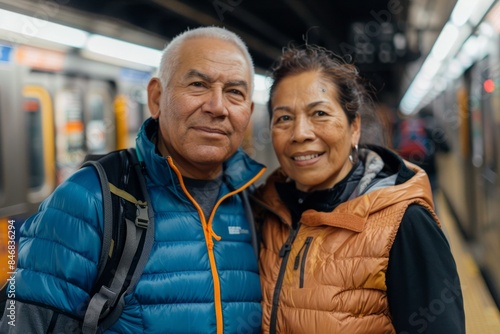 Portrait of a content latino couple in their 50s wearing a lightweight running vest while standing against bustling city subway background © Markus Schröder