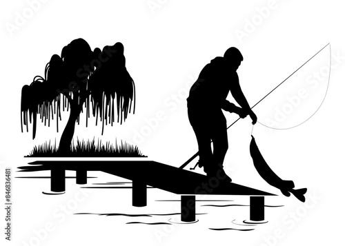 Man caught a pike from the pier,  fishing silhouettes. Vector illustration	
