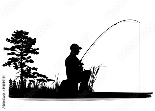 Man fishing from a lake coast, silhouettes. Vector illustration	
