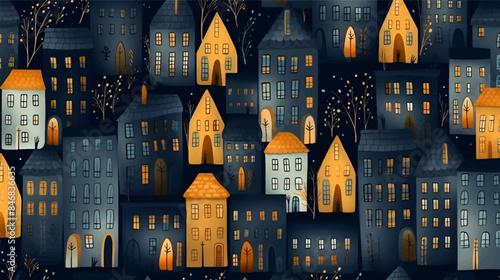 Hand drawn seamless pattern with big city New York. Vector vintage illustration with NYC architecture, skyscrapers, megapolis, buildings, downtown and night scape vector illustration