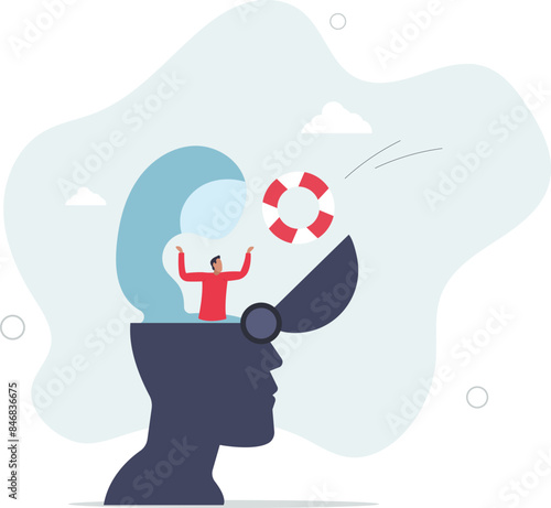Mental illness therapy or help, depression or anxiety disorder rescue, psychology or stressed healing concept.flat illustration.