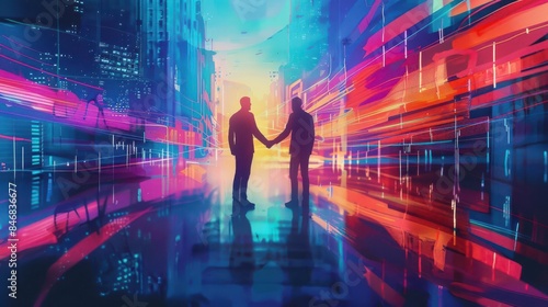 Two businessmen in suits shaking hands in a modern city with skyscrapers