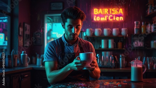 This is a photo of a barista holding a coffee cup in a coffee shop. The background is a neon sign that says 