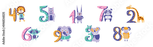 Cute Baby Animal and Educational Number Figure Vector Set