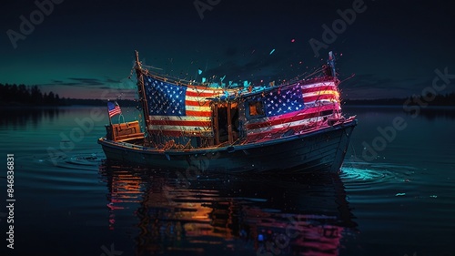 A boat with American flags on it is floating on a lake at night. There are fireworks in the background.