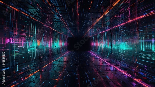 This is a picture of a tunnel made of blue and pink neon lights.