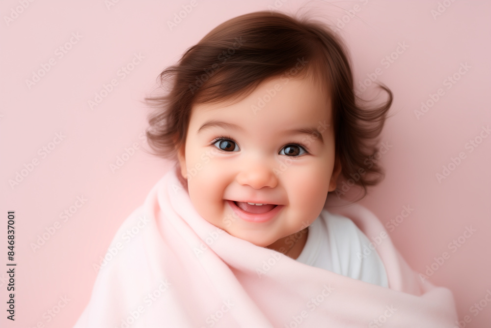 happy smiling girl baby in light pink plain blanket, studio background happy smiling girl baby in light pink plain blanket, studio background