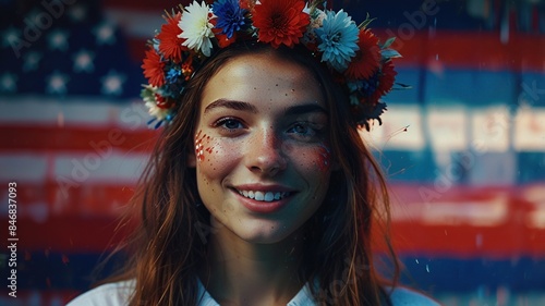 This is a photo of a young woman with long brown hair and a wreath of red, white, and blue flowers on her head. She is smiling and there is an American flag in the background.