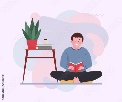 Student guy reading book at home. Happy young man sitting on floor with book flat vector illustration. Education, learning, homework lover concept for banner, website design or landing page © Bro Vector