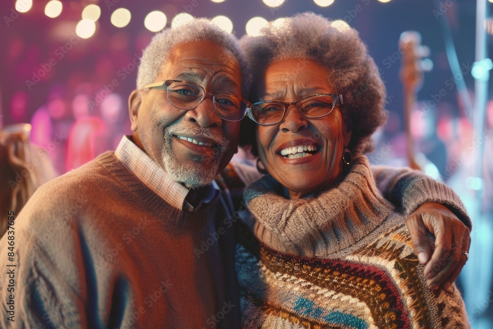 Portrait of a merry mixed race couple in their 70s wearing a cozy sweater on lively concert crowd background Portrait of a merry mixed race couple in their 70s wearing a cozy sweater on lively concert crowd background