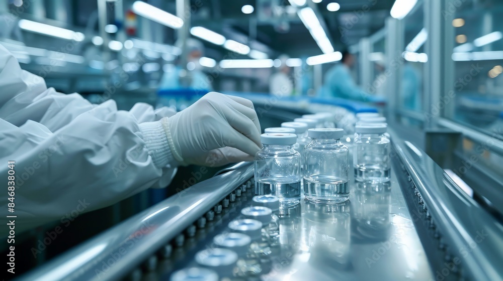 Fototapeta premium A laboratory researcher in protective white gloves examines medical vials on a conveyor belt.