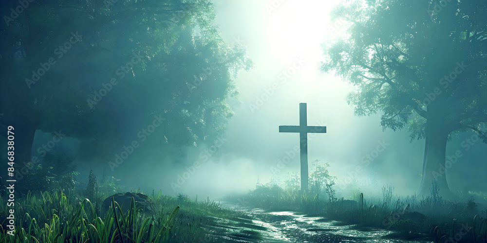 Simple roadside memorial to mark where a death occurred - misty blue green woodland path with trees either side, and a simple large cross on side with copy space around for memorial message Simple roadside memorial to mark where a death occurred - misty blue green woodland path with trees either side, and a simple large cross on side with copy space around for memorial message