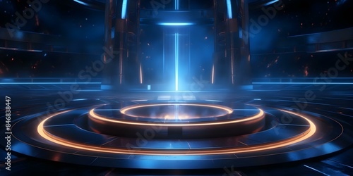 Blue hologram portal with magic circle teleport podium and abstract design in a futuristic setting. Concept Futuristic Setting, Blue Hologram, Magic Circle, Teleport Podium, Abstract Design