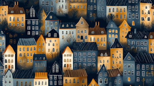 Hand drawn seamless pattern with big city New York. Vector vintage illustration with NYC architecture, skyscrapers, megapolis, buildings, downtown and night scape vector illustration