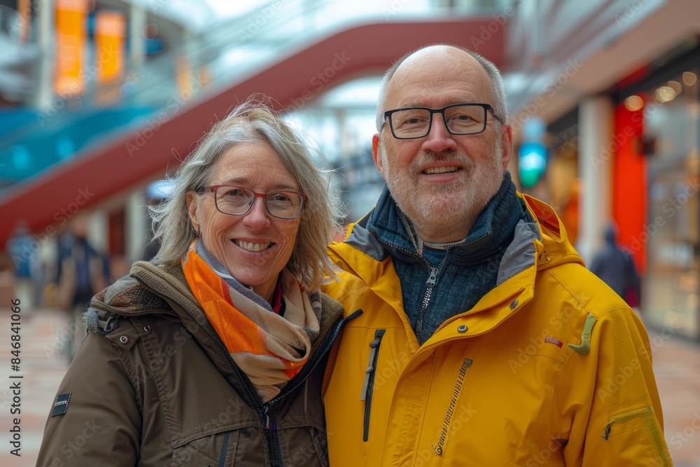 Fototapeta premium Portrait of a grinning couple in their 40s wearing a lightweight packable anorak in vibrant shopping mall background